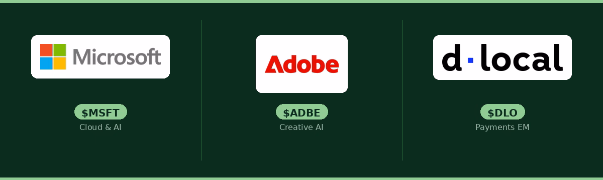 AI stocks 2026: Microsoft MSFT, Adobe ADBE, and dLocal DLO company logos