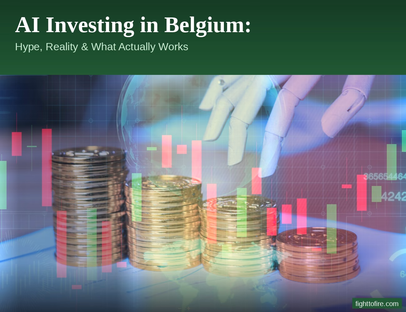 AI investing Belgium — robot hand stacking golden coins with Belgian flag overlay